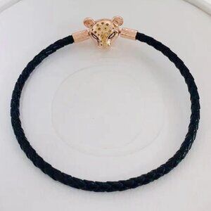 Pandora Sparkling Lion Princess Woven Black Leather Bracelet S925 Ale Rose Gold